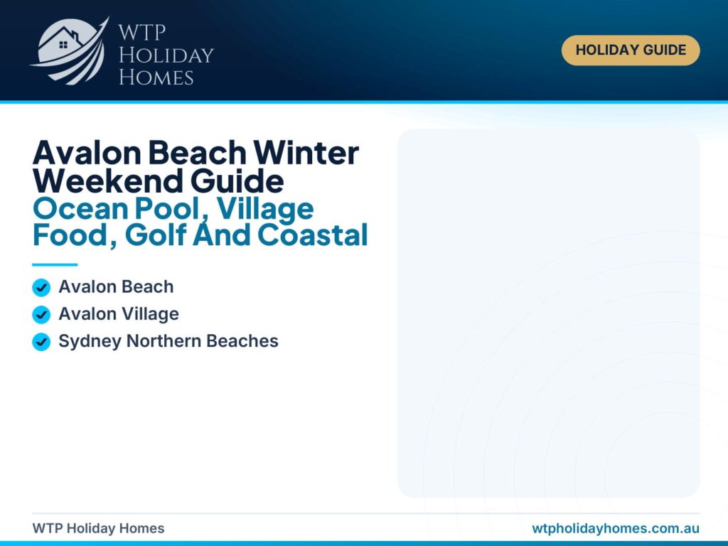 Featured image for an Avalon Beach winter weekend guide, showing a Northern Beaches coastal escape with ocean pool, village food, coastal walks and a beachside apartment stay.