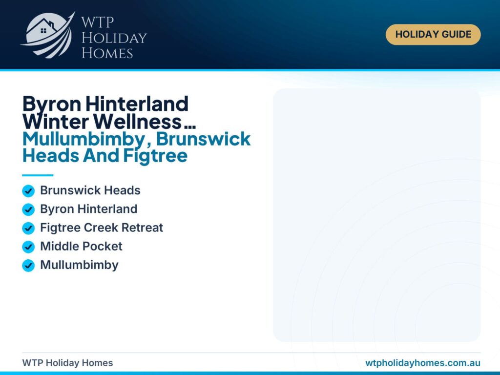 Featured image for a Byron Hinterland winter wellness weekend guide showing a cosy cottage retreat, fire pit, green surrounds and Northern Rivers travel cues.