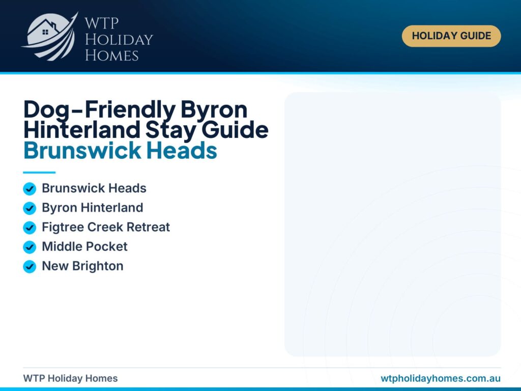 Featured image for a dog-friendly Byron Hinterland stay guide showing a calm retreat near Brunswick Heads and New Brighton with pet-friendly coastal cues.