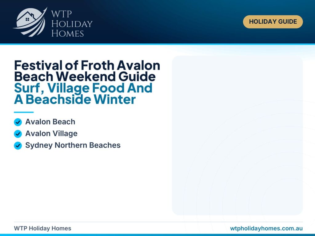 Featured image for a Festival of Froth Avalon Beach weekend guide, showing a premium Northern Beaches coastal event style with surf, beach and village cues.