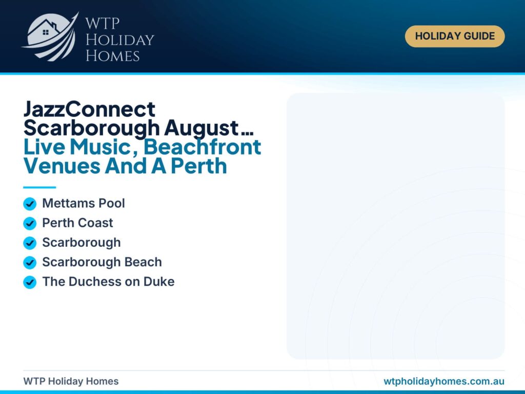 JazzConnect Scarborough August stay guide showing live music by Scarborough Beach, coastal sunset scenes and The Duchess on Duke as a Perth coast base.