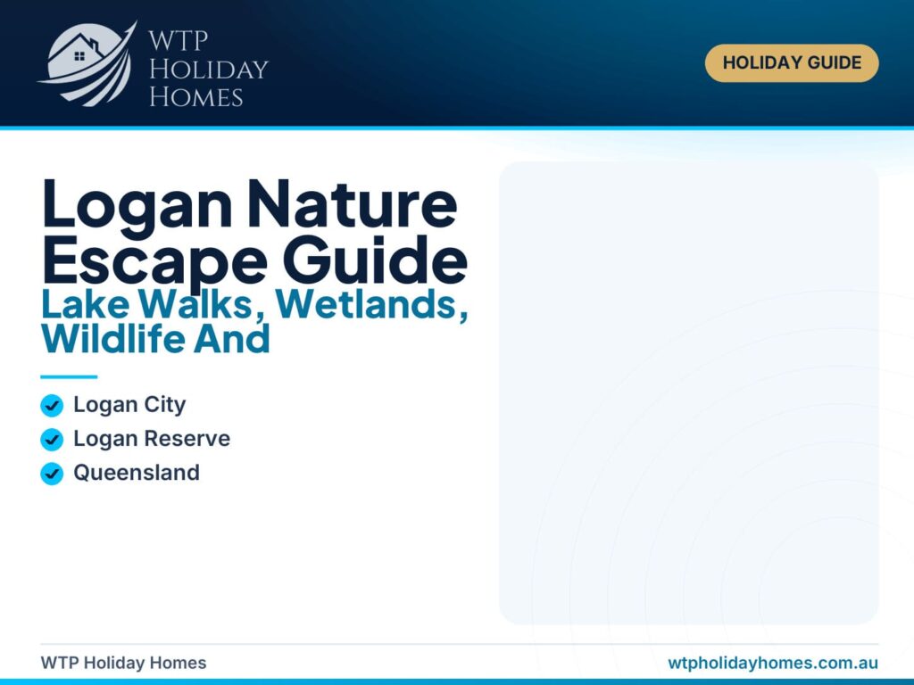 Featured image for a Logan nature escape guide showing lake access, kayaks, green parkland, wetlands and a calm family holiday-home setting.