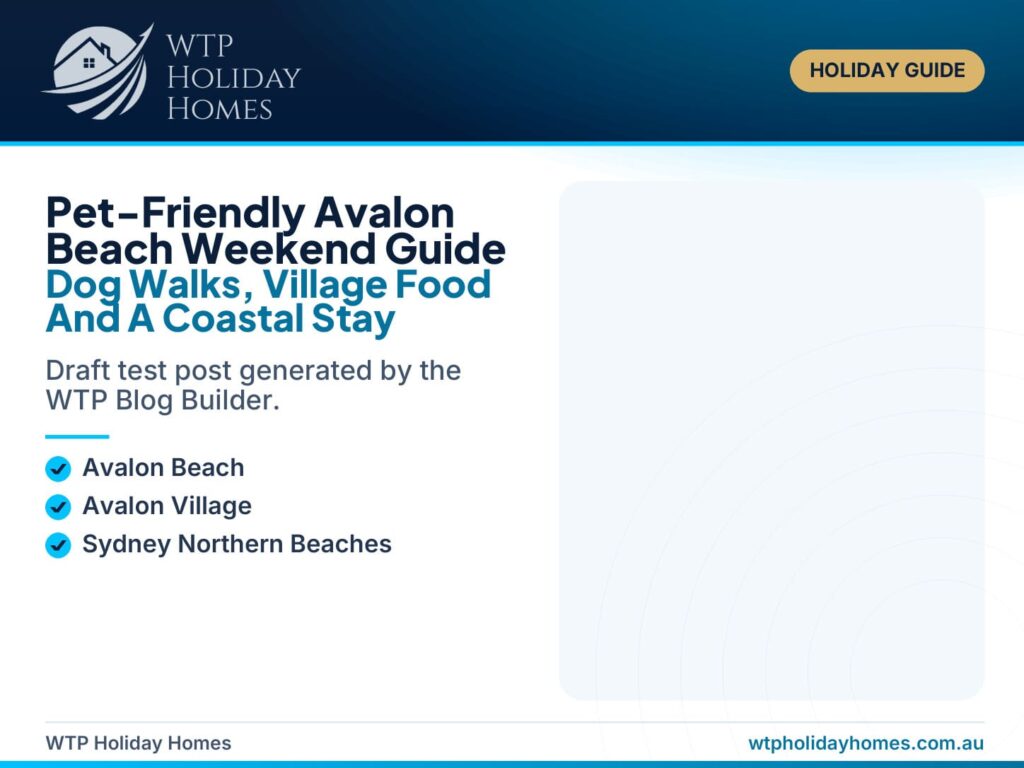 Featured image for a pet-friendly Avalon Beach weekend guide, showing a relaxed Northern Beaches coastal stay with dog-friendly beach, village and ocean pool cues.