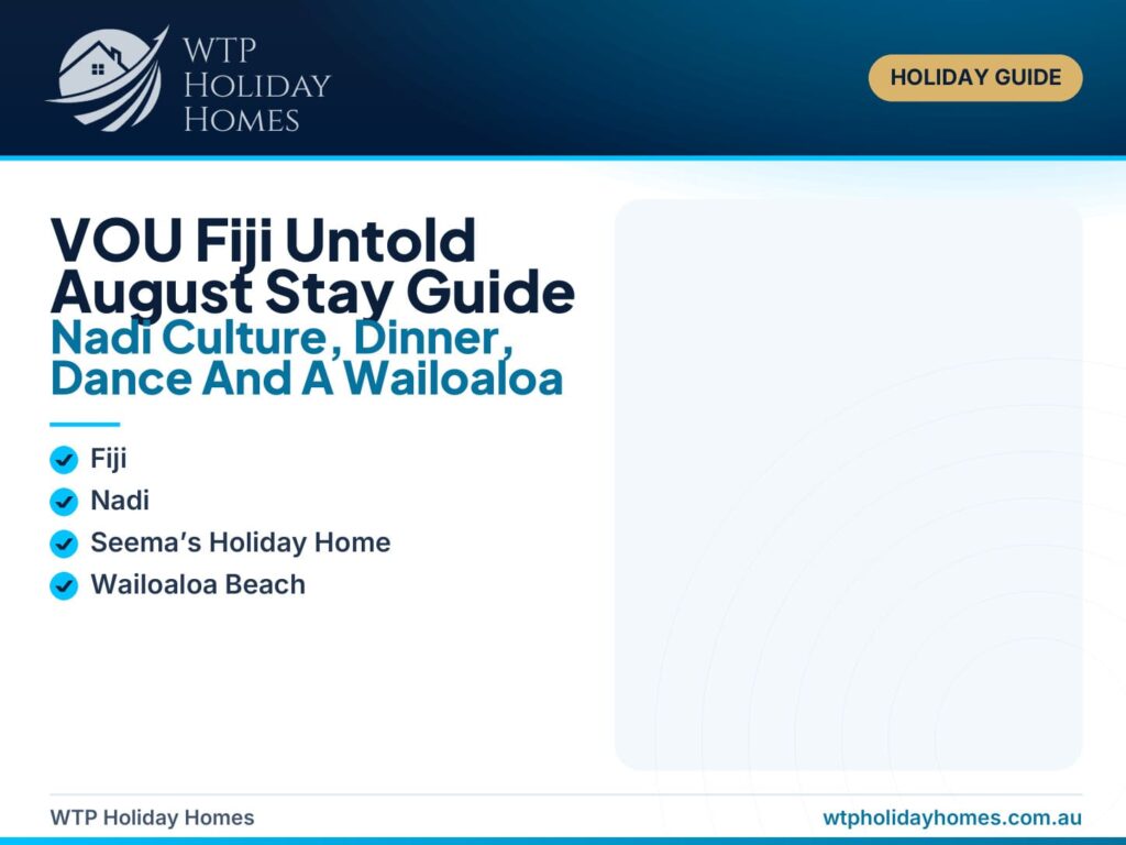 Featured image for a VOU Fiji Untold August Nadi stay guide, showing Fijian cultural performance, Wailoaloa Beach sunset and Seema’s Holiday Home as a practical base.