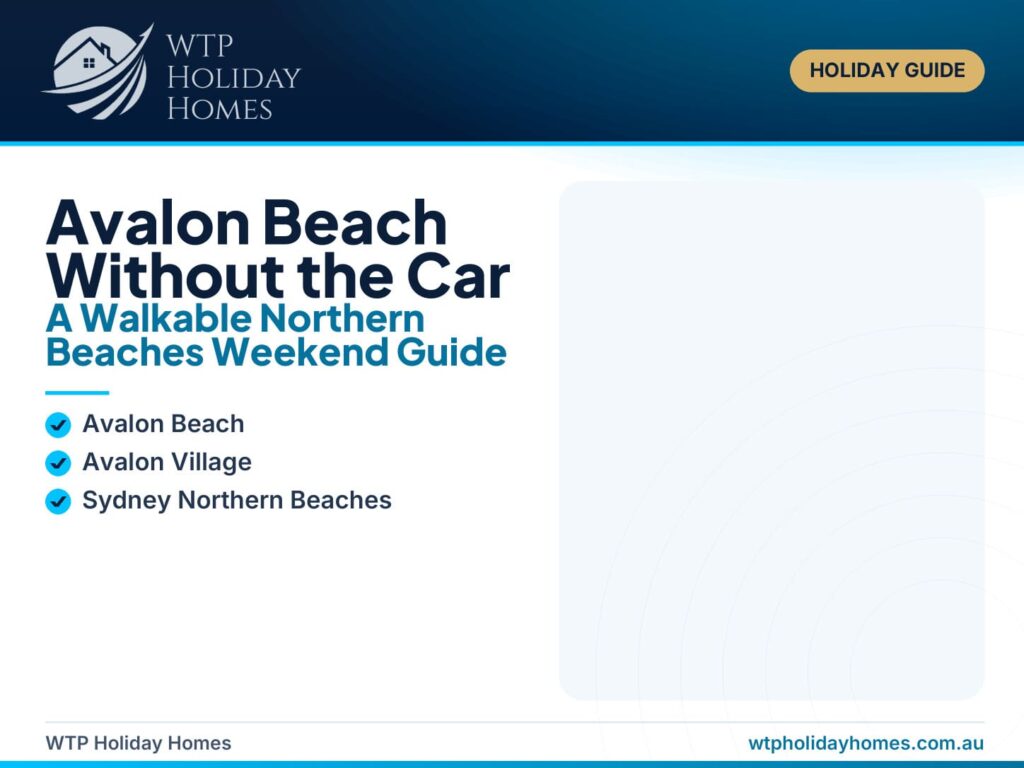 Avalon Beach, its ocean pool and village represented in a premium Northern Beaches weekend guide image with a nearby beachside apartment.