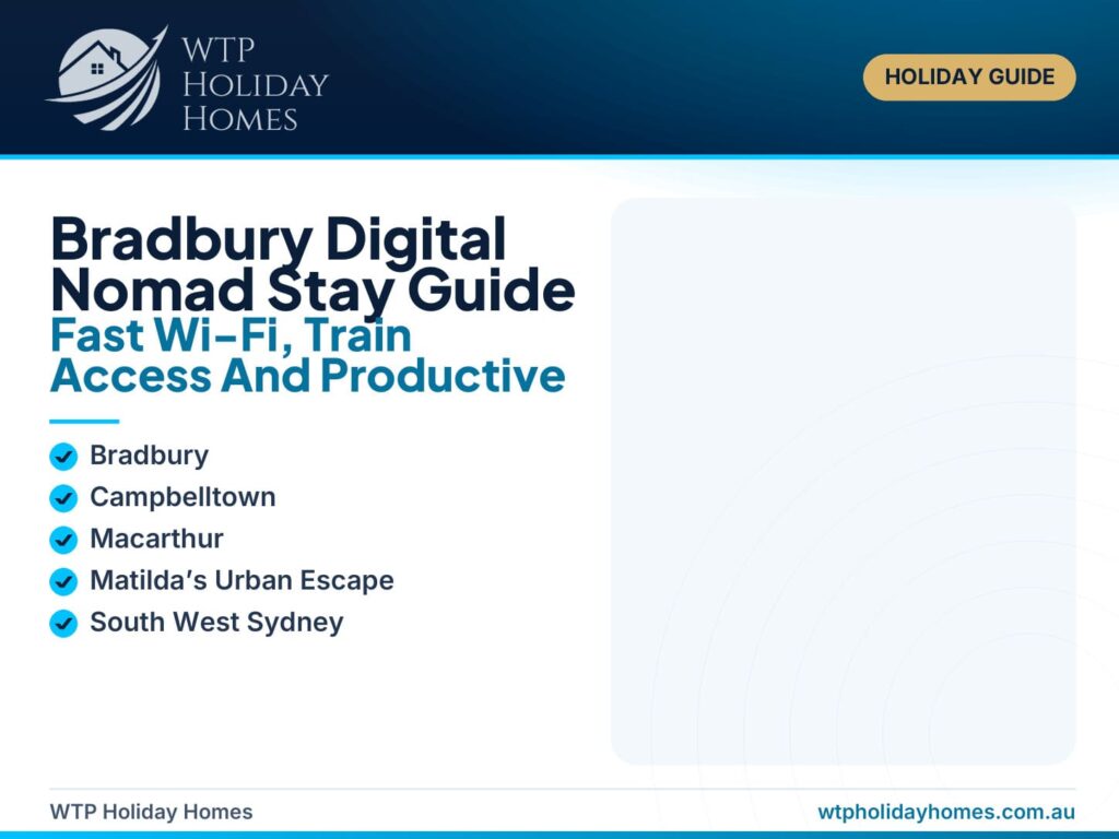 Featured image for a Bradbury digital nomad stay guide showing a laptop workspace, fast Wi-Fi, Campbelltown train access, shops and a private modern stay.