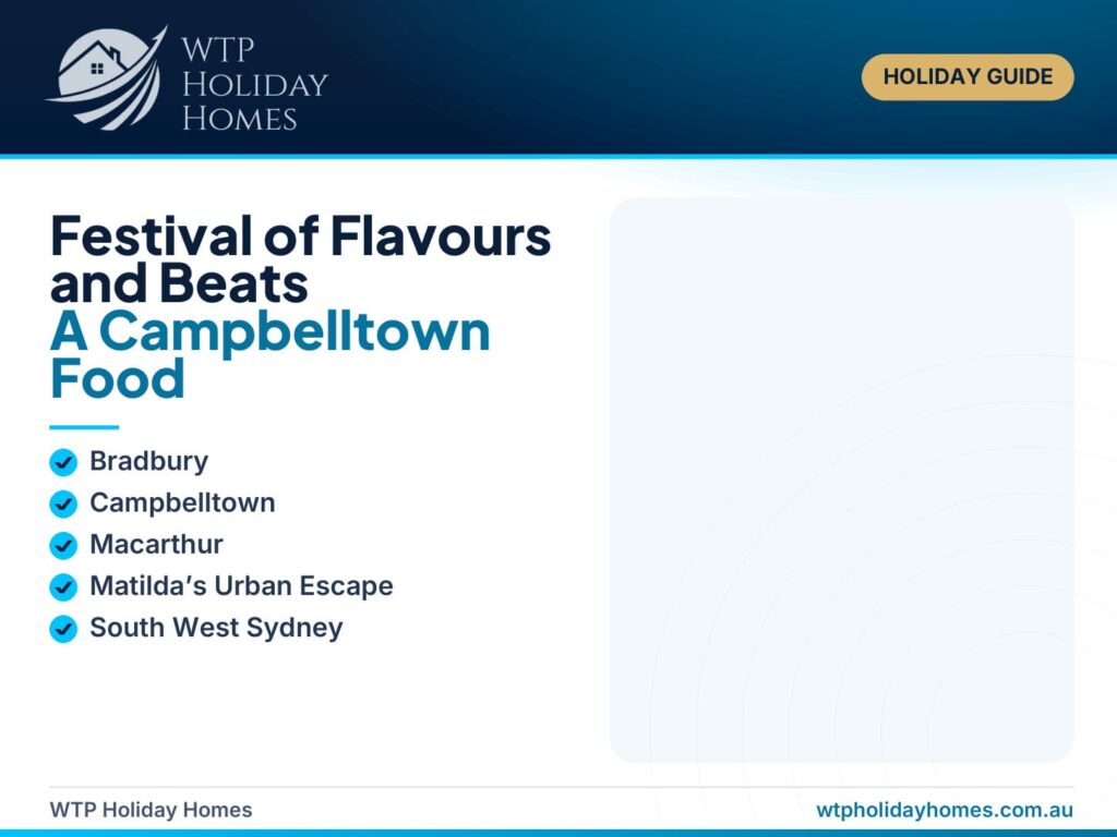 Festival of Flavours and Beats Campbelltown guide showing multicultural food stalls, live performances, family activities and a Bradbury accommodation base.