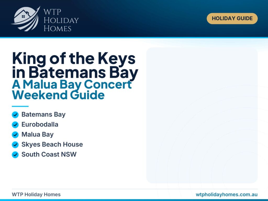 Grand piano and concert lighting blended with Malua Bay coastal scenery for a King of the Keys Batemans Bay weekend guide.