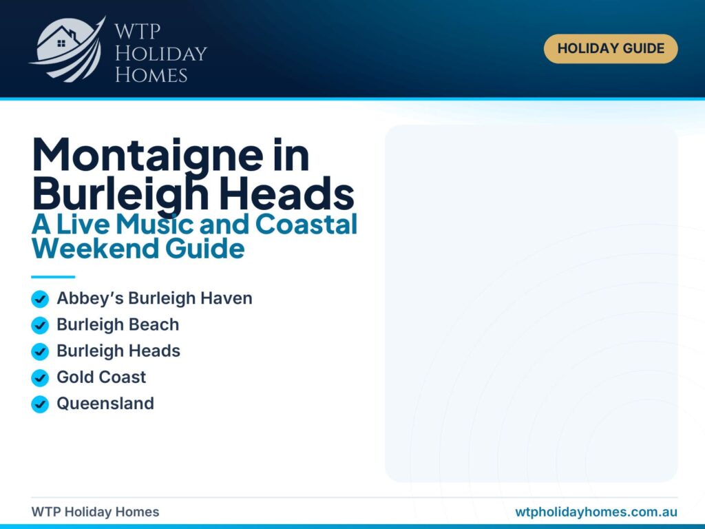 Live concert lighting blended with Burleigh Beach and coastal townhome imagery for a Montaigne Burleigh Heads weekend guide.