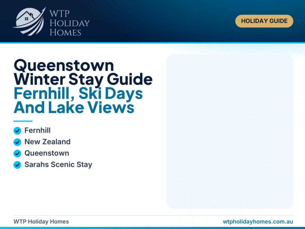 Featured image for a Queenstown winter stay guide showing alpine lake views, ski-trip planning cues and Sarahs Scenic Stay in Fernhill.