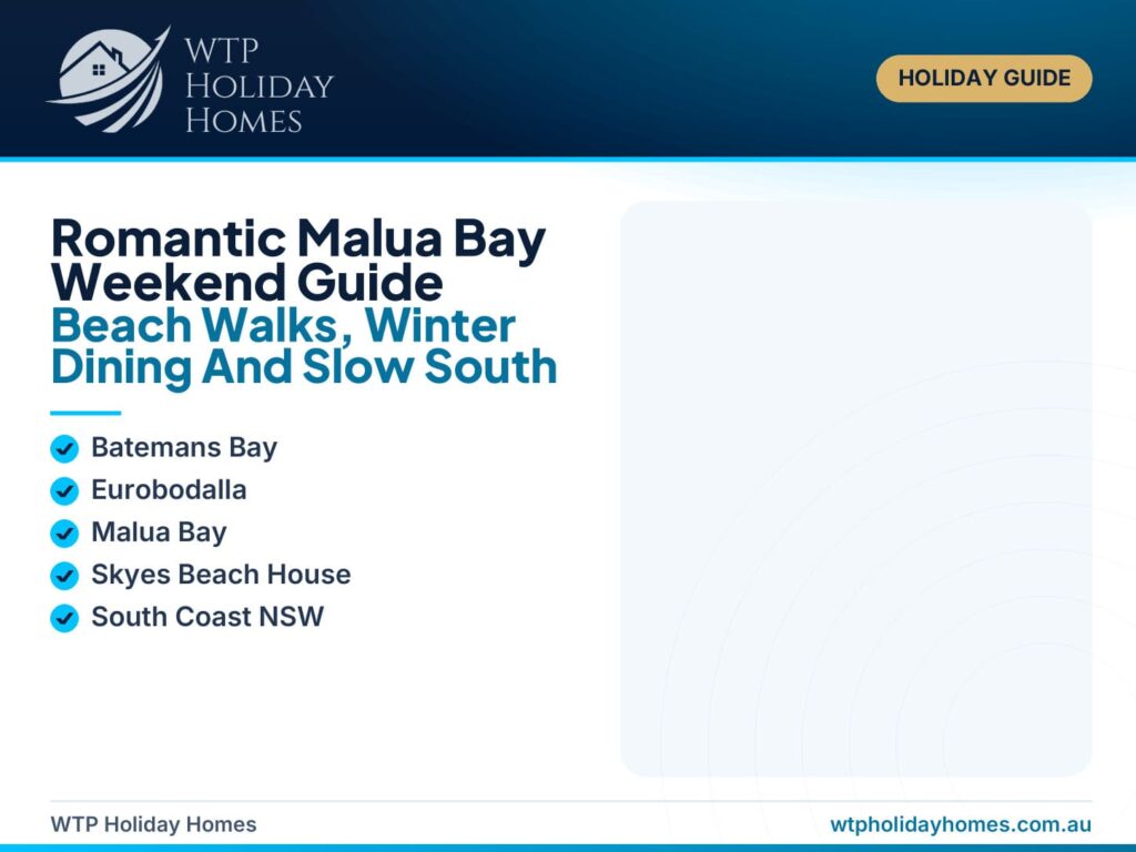 Featured image for a romantic Malua Bay weekend guide, showing beach walks, warm coastal light, Batemans Bay dining cues and a slow South Coast getaway.