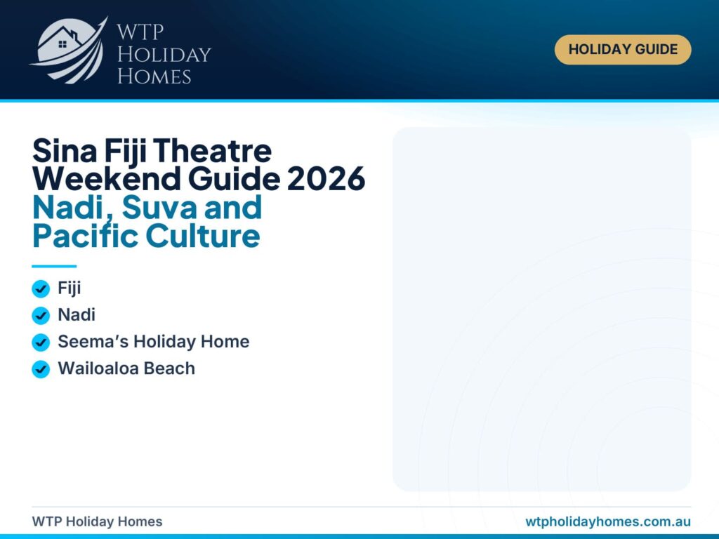Sina Fiji theatre weekend guide showing Pacific dance, music and storytelling with Nadi, Suva and Wailoaloa travel elements.