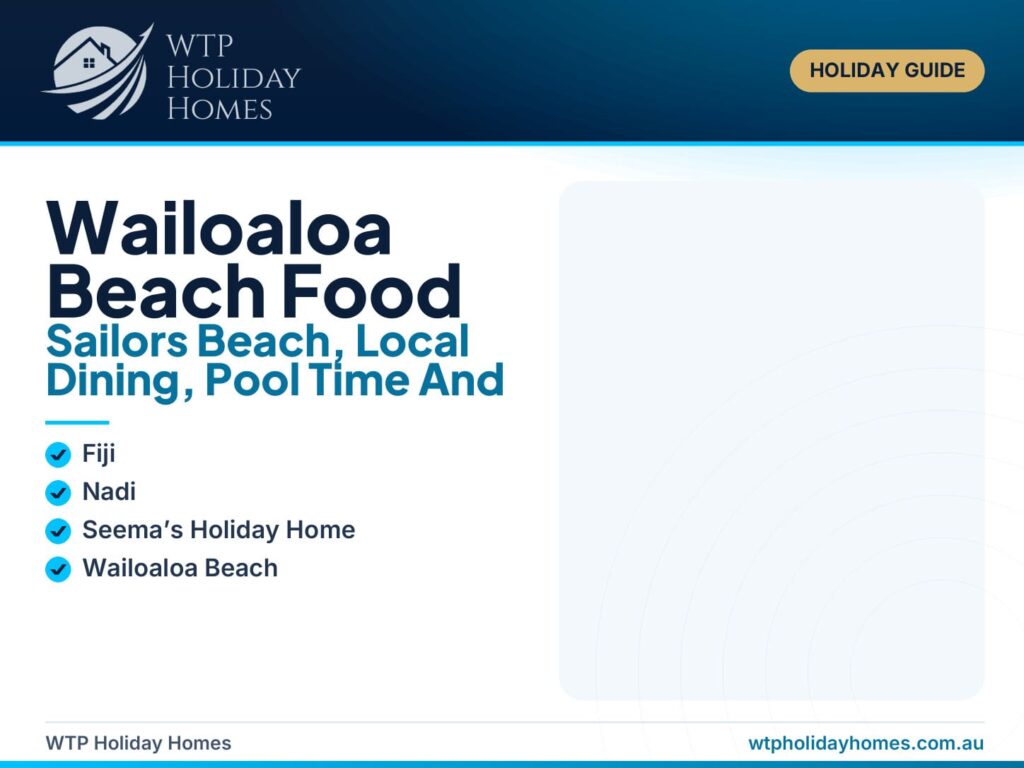 Featured image for a Wailoaloa Beach Nadi guide showing Fiji sunset, beachfront food, pool time and a practical apartment stay near Sailors Beach