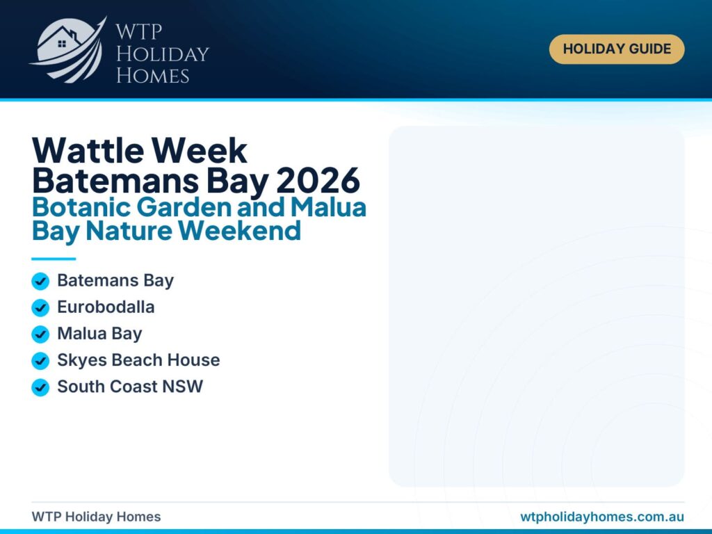 Golden wattle beside a botanic garden walking path with Malua Bay coastal scenery for a Batemans Bay Wattle Week guide.
