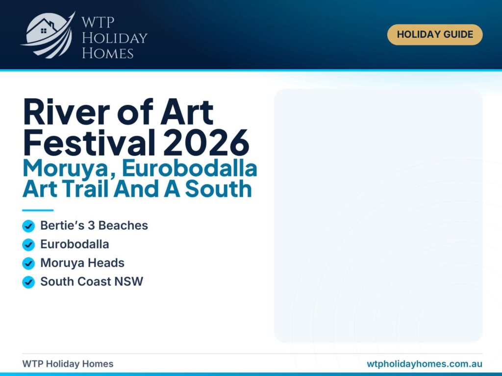 River of Art Festival 2026 Moruya holiday guide featuring South Coast art, coastal scenery and a Moruya Heads stay near Shelly Beach.