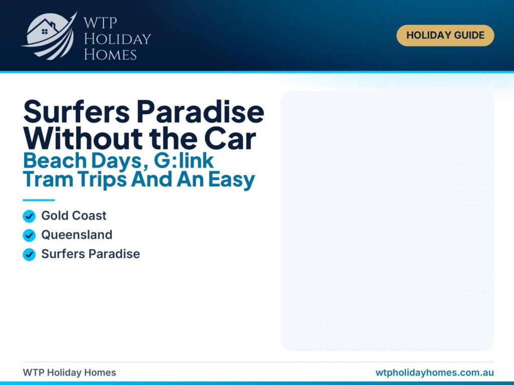 Surfers Paradise Gold Coast travel guide showing the beachfront, skyline and G:link tram for a car-light coastal holiday.