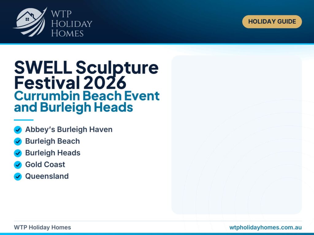 Contemporary sculptures displayed along Currumbin Beach for a Gold Coast event guide about SWELL Sculpture Festival 2026 and staying in Burleigh