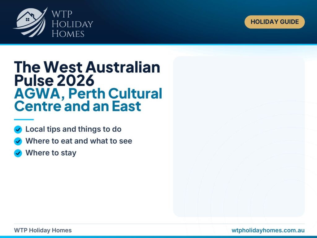 The West Australian Pulse 2026 Perth art weekend guide featuring AGWA, contemporary student artwork and East Victoria Park stay elements.