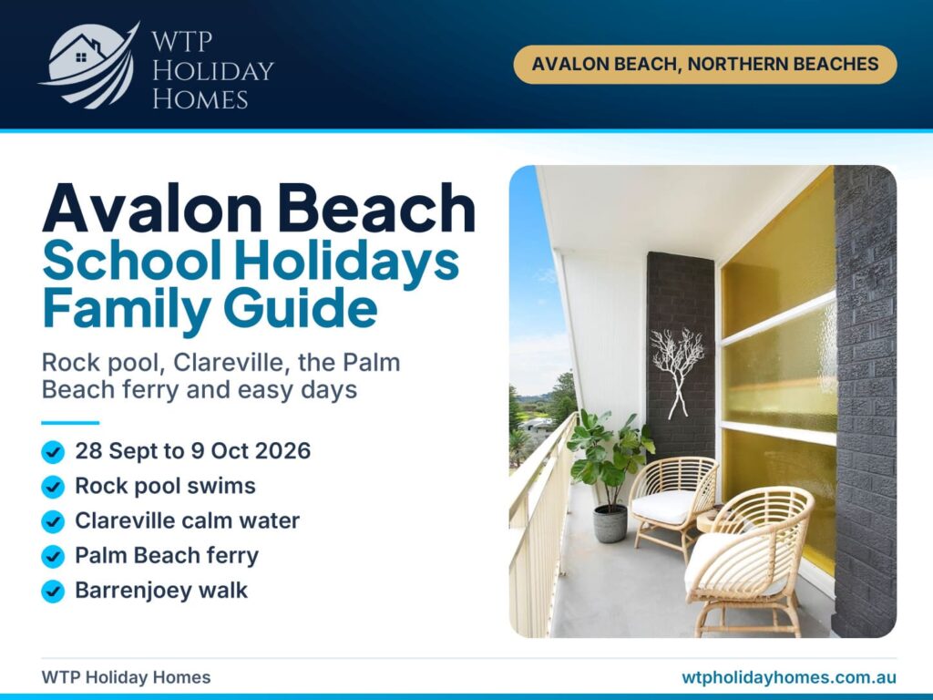 Aerial view of Avalon Beach and village for a spring school holidays family guide