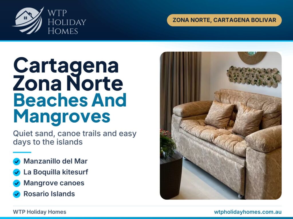 Cartagena Zona Norte beaches guide cover over the turquoise lagoon and floating dock at Baia Kristal, Cartagena