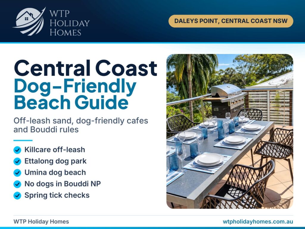 Dog-friendly Central Coast guide cover showing the water-view terrace at Carinya Coastal Escapes, Daleys Point