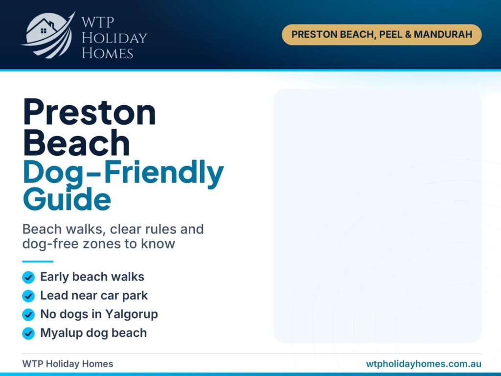Dog-friendly Preston Beach guide cover showing the beach entrance a 10-minute walk from the house