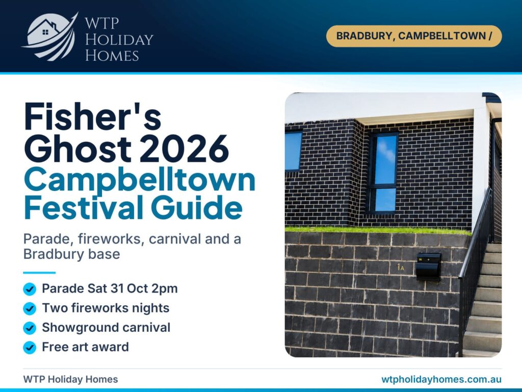 Festival of Fisher's Ghost 2026 Bradbury stay guide cover over the black brick facade of Matilda's Urban Escape