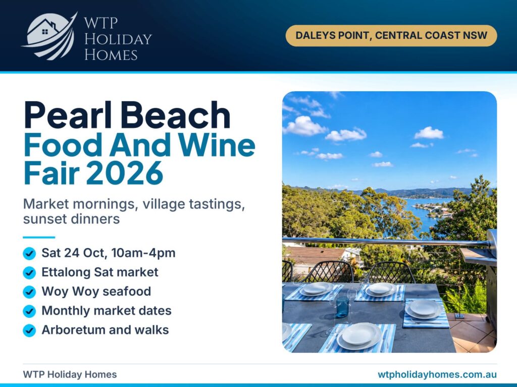 Cover for a Pearl Beach Food and Wine Fair 2026 guide, showing water-view balcony dining at a Daleys Point holiday home