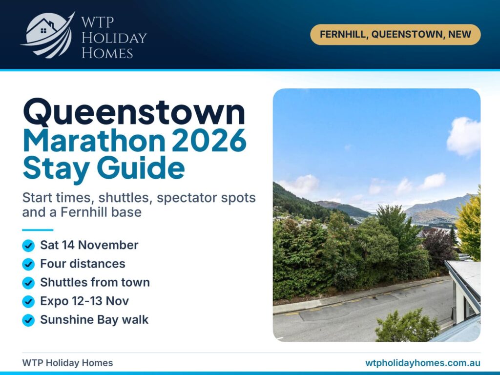 Queenstown Marathon 2026 stay guide cover with lake and mountain views from the Fernhill balcony at Sarah's Scenic Stay
