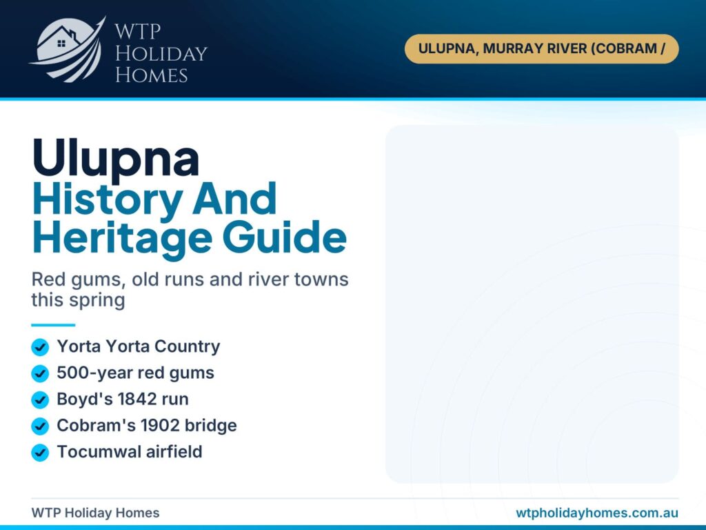 Ulupna history guide cover with gum trees, open paddocks and a quiet country road leading to Bob's River House on the Murray