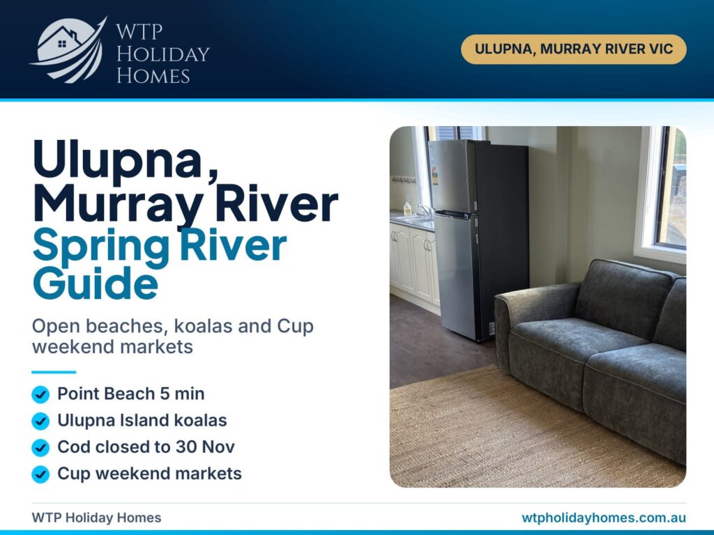 Murray River spring guide cover for Ulupna, with riverfront lawns and red gums at Bob's River House