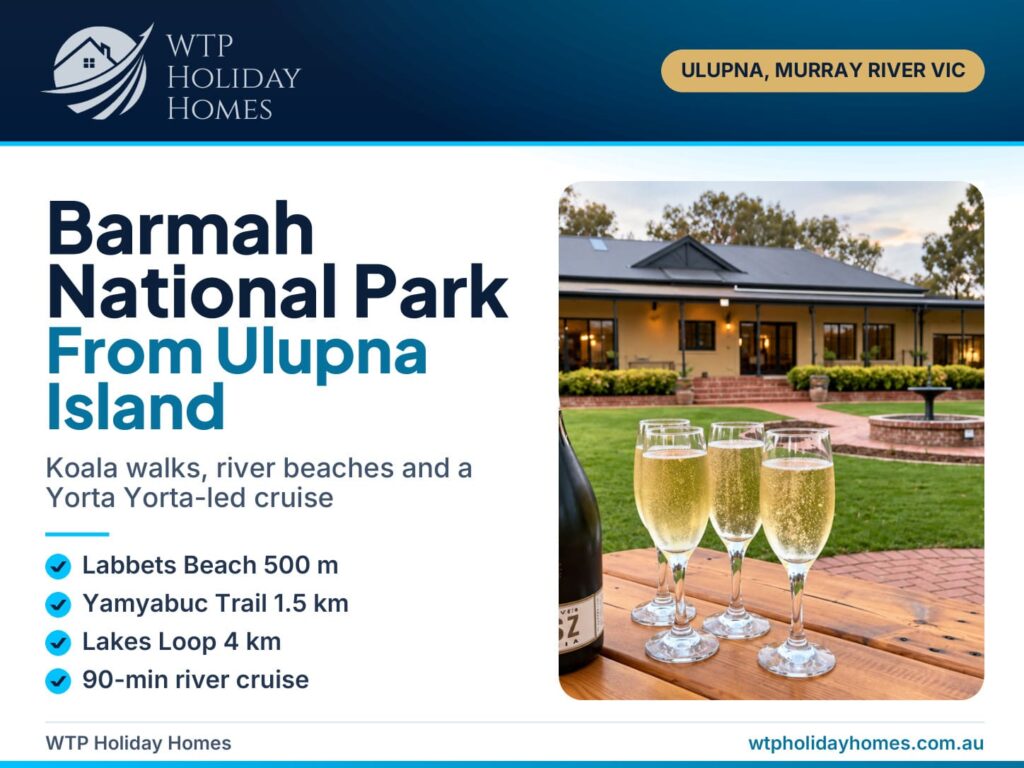Barmah National Park guide cover over Bob's River House's Murray River verandah, with Ulupna Island highlights