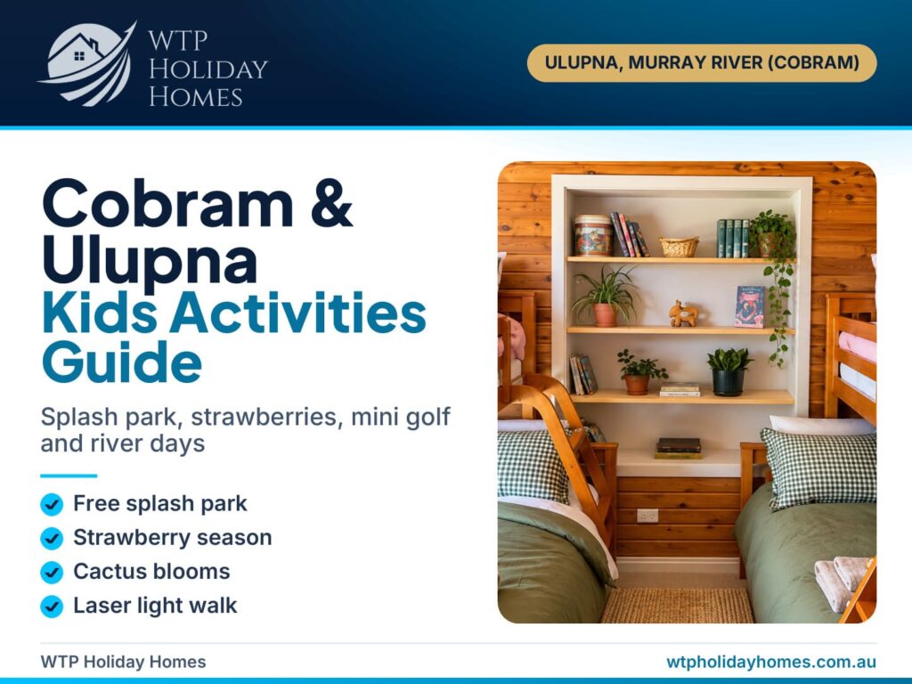 Cover for a Cobram and Ulupna kids activities guide, showing the bunk room at Bob's River House on the Murray River