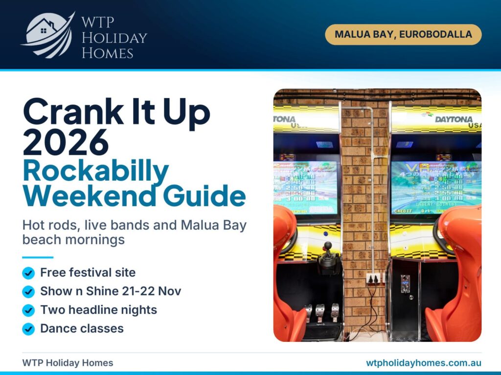 Cover for a Crank It Up Batemans Bay 2026 guide with a Malua Bay holiday stay at Skyes Beach House