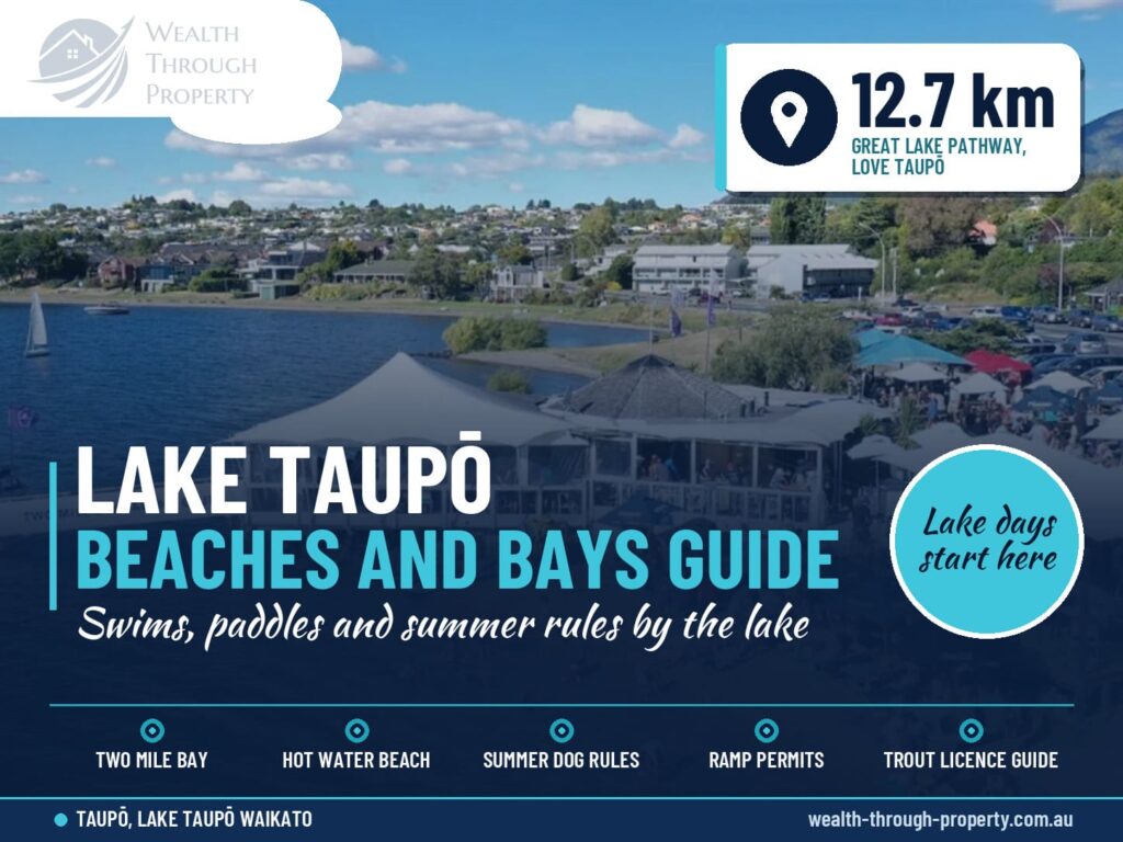 Lake Taupō beaches guide cover showing the Two Mile Bay cafe, bar and water sports on the lake near Lakeside Estate