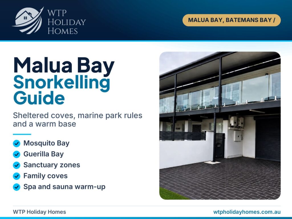 Malua Bay snorkelling guide cover with the view from the front of Skye's Beach House towards Malua Bay Beach