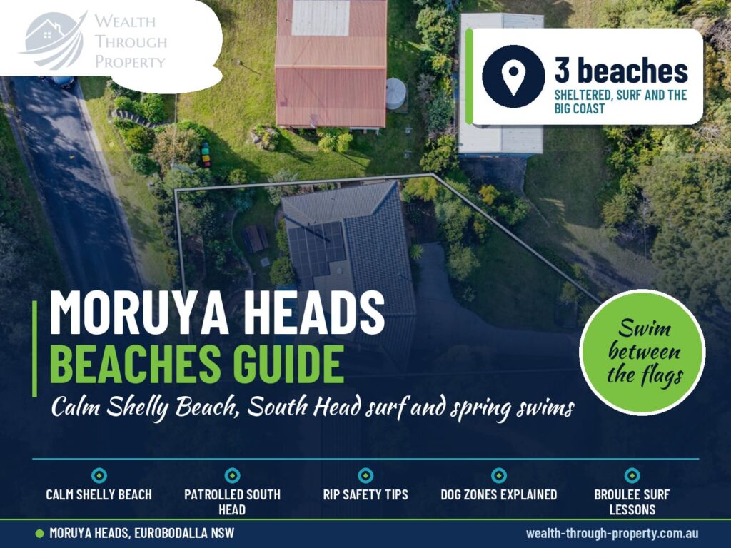 Moruya Heads beaches guide cover with Bertie's 3 Beaches leafy aerial view near Shelly Beach, NSW South Coast