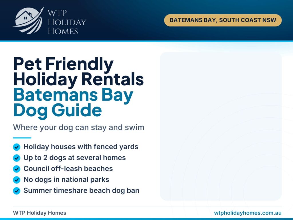 Pet friendly holiday rentals in Batemans Bay guide cover with dog beach rules and fenced yard holiday houses