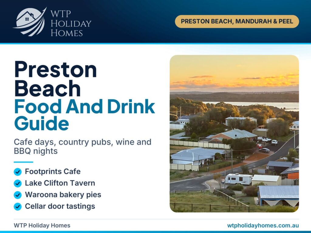 Preston Beach food guide cover showing the outdoor kitchen BBQ at Gracie & Dan's Coastal Retreat under festoon lights