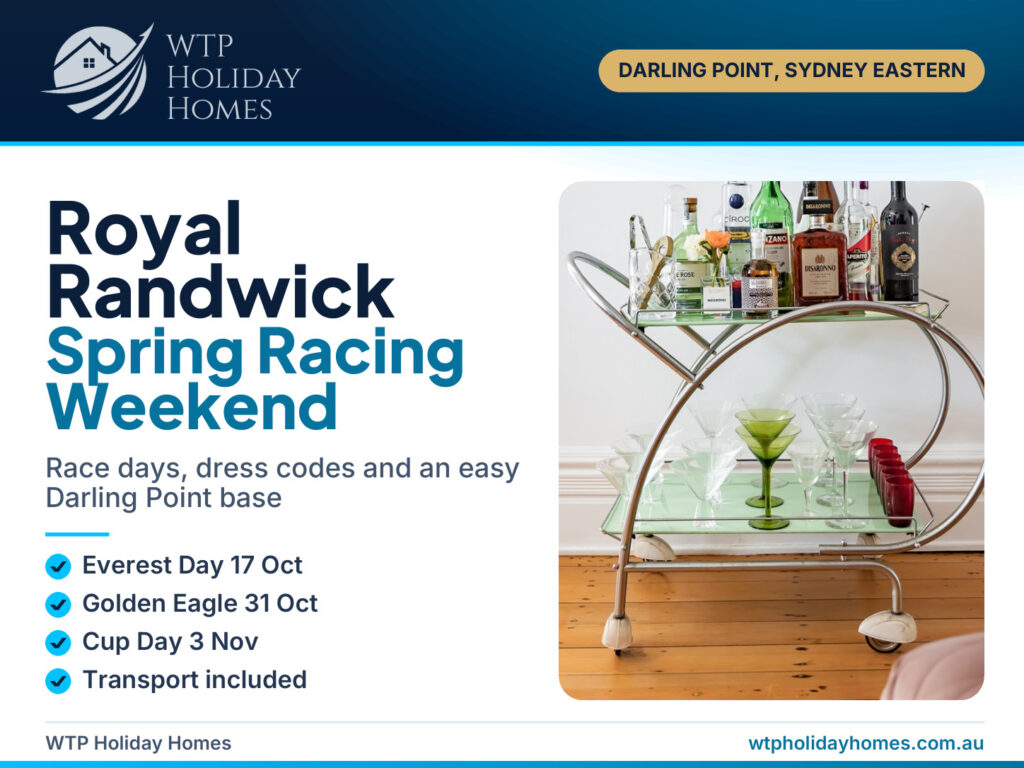 Cover for a Royal Randwick spring racing 2026 guide with a group stay at The Darling in Darling Point, Sydney
