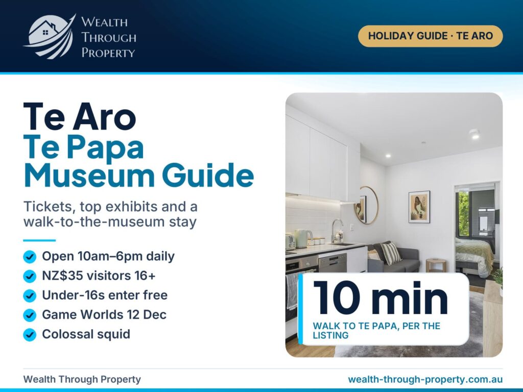 Te Aro Te Papa Museum Guide cover with NZ$35 international ticket, 10am–6pm hours and a walkway at City Tree Hutt B