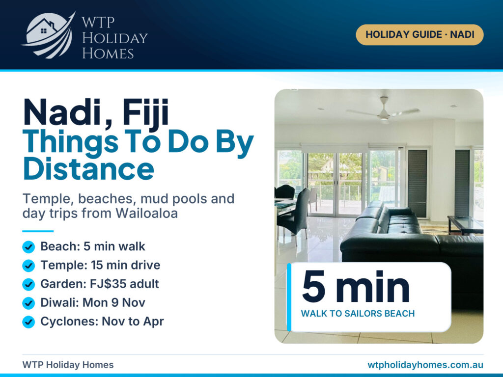 Cover for a guide to things to do in Nadi, Fiji, over the living room of Seema's Holiday Home near Wailoaloa Beach