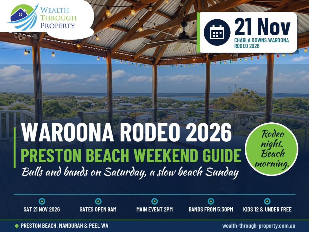 Waroona Rodeo 2026 weekend guide cover with dusk over Preston Beach and Lake Preston in WA