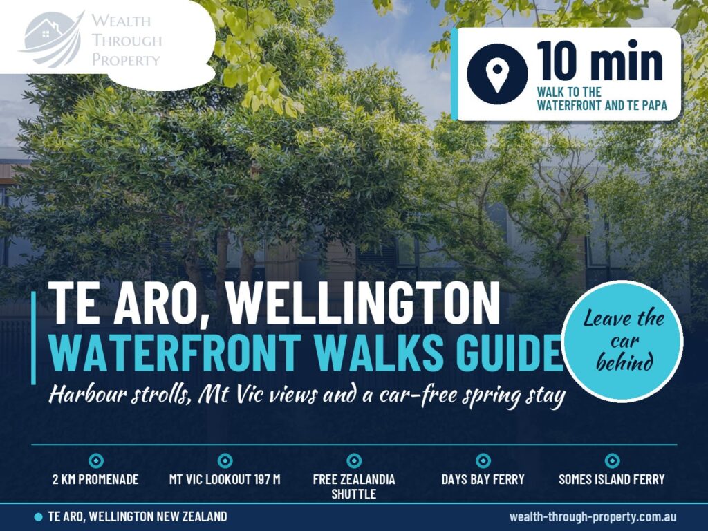 Cover for a guide to Wellington waterfront walks from Te Aro, with the tree-lined street outside City Tree Hutt A